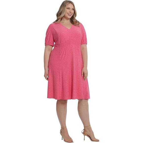 London Times Pink V-Neck Fit & Flare Dress Flowy Smocked Waist 1X Coquette Date - Picture 1 of 8